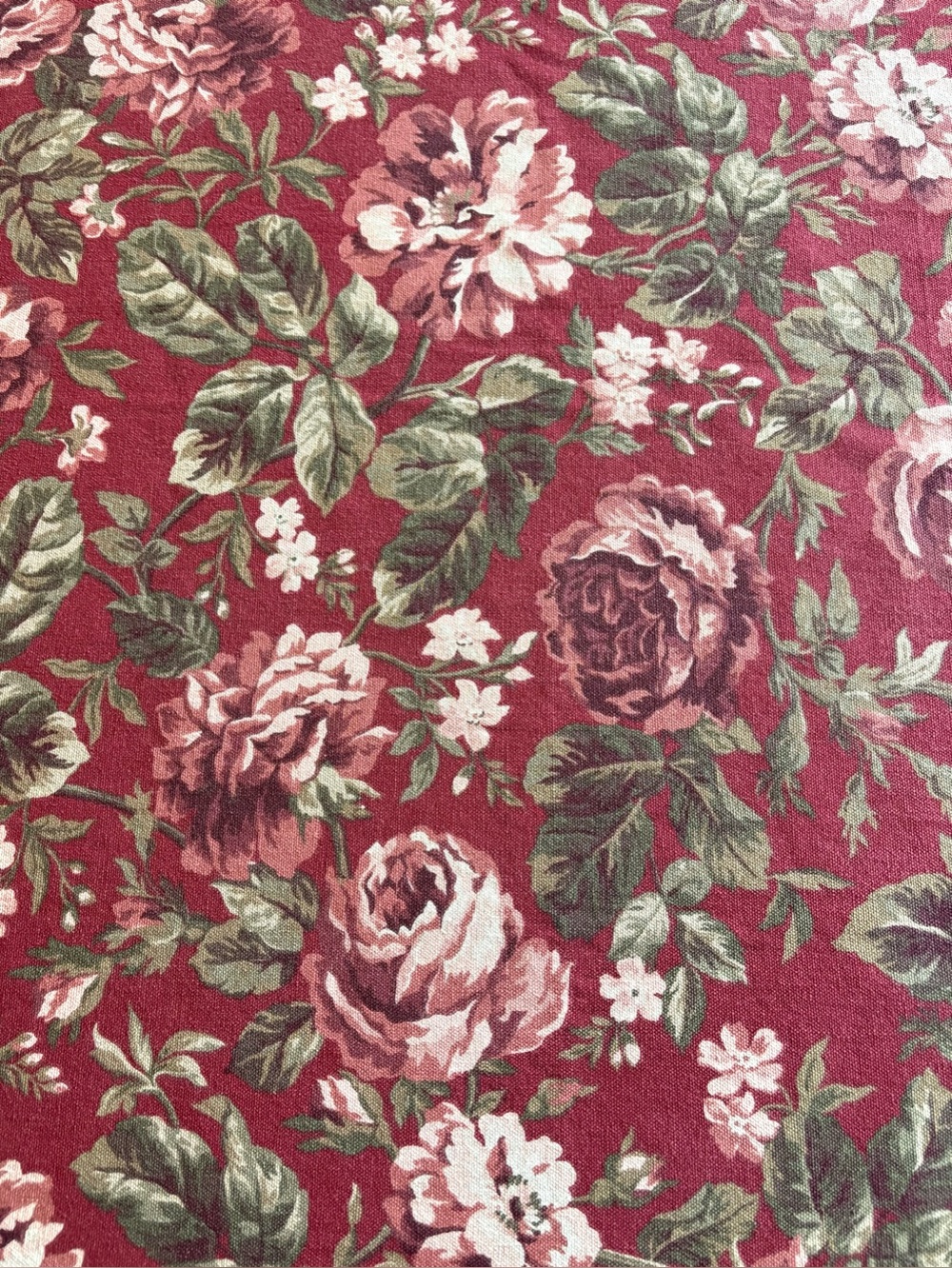 Vintage Tablecloth Chaps Home Pink Roses on Red French Country Cotton 60x82